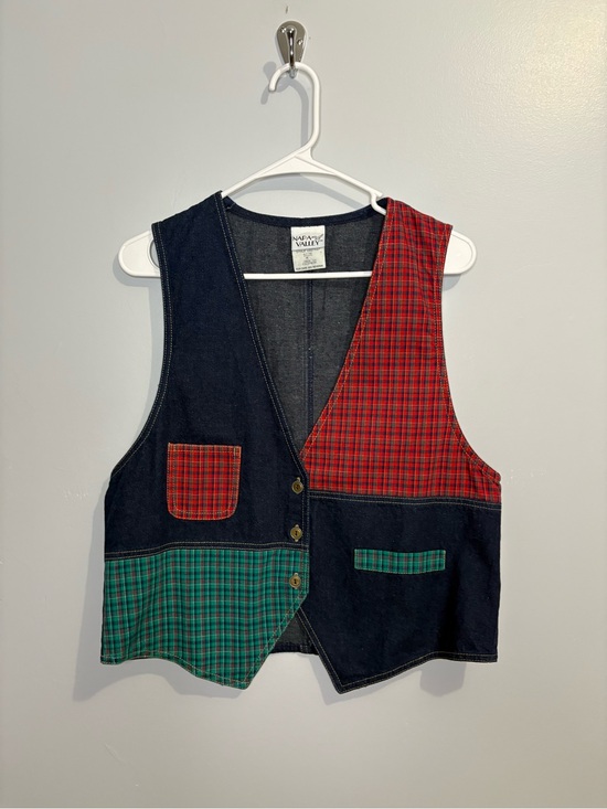 Napa Valley Jackets & Blazers - Vintage Napa Valley Plaid Patchwork Vest Denim Red Green Women’s Medium Light